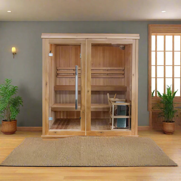 4 Person Indoor Traditional Sauna Built for Home Wellness, 6KW Harvia Heater, Canadian Hemlock, 170°F