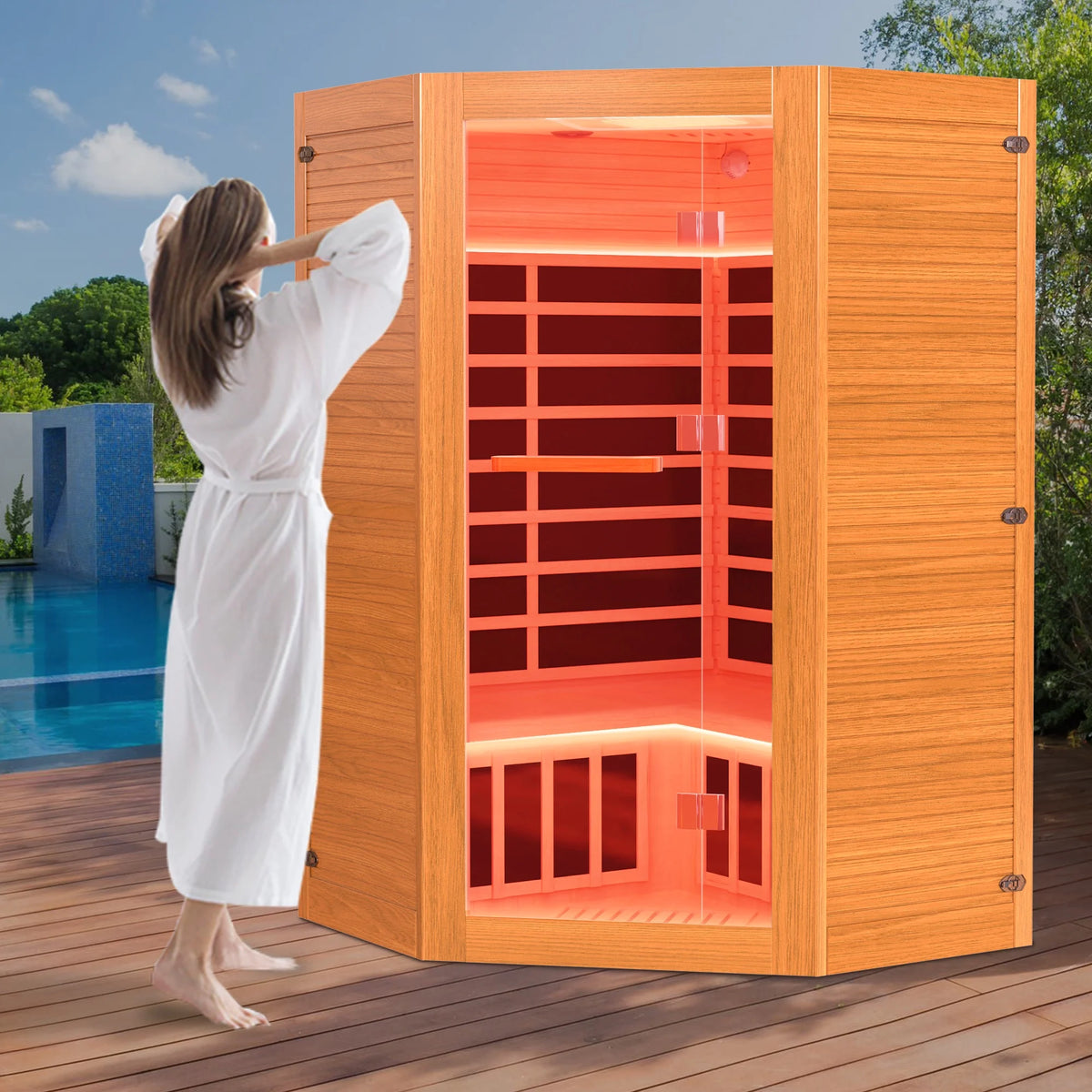 Multifunctional 2-3 Person Infrared Sauna for Home, 2180W Indoor Sauna with 7-Color LED Ambient Light, Red Light Feature, Oxygen Bar, Dual Bluetooth Speakers, 360° Surround Heating