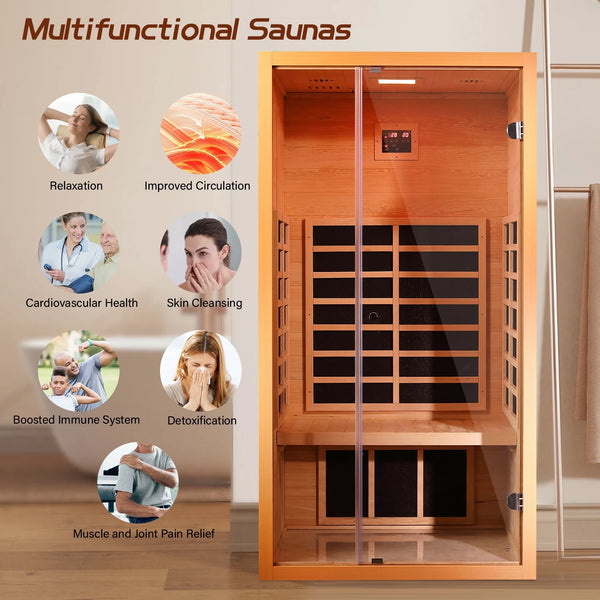 Infrared Sauna Built for Home Wellness, Hemlock Wood Construction, 6 Carbon Heaters, Extendable Design