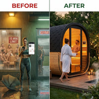 1-2 Person Outdoor Traditional Steam Sauna, Weatherproof Square Sauna Cabin with Black Trim, Natural Spruce Wood Sauna Room, LED Strip & Panoramic Glass Door, for Backyard Garden Home Spa, Relaxation — Before & After