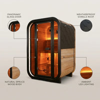 1-2 Person Outdoor Traditional Steam Sauna, Weatherproof Square Sauna Cabin with Black Trim, Natural Spruce Wood Sauna Room, LED Strip & Panoramic Glass Door, for Backyard Garden Home Spa, Relaxation — infographic