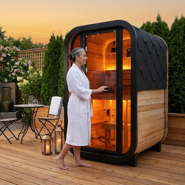 Outdoor Traditional Sauna Built for Backyard Relaxation, Natural Pine Wood, 220V 6kW Heater, LED Lighting